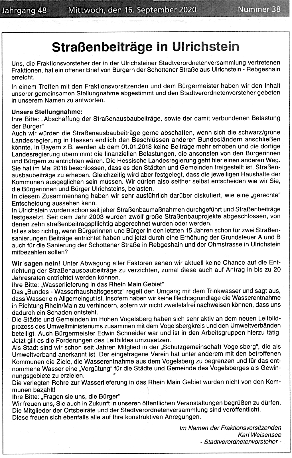Stellungnahme des Fraktionsvorstehers Stadtverordnetenversammlung Ulrichstein, Weisensee, zu Strassenausbaugebühren